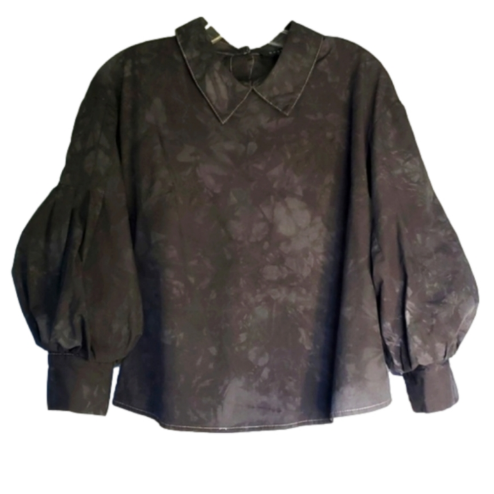 BEULA style grey puff sleeve distressed tie dye button up collared shirt